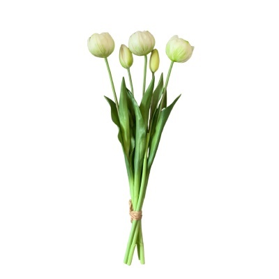 Ramo de tulipas artificiais cor creme com folhas verdes e fundo branco
