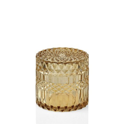 Recipiente redondo amarelo âmbar em vidro com tampa e padrão facetado