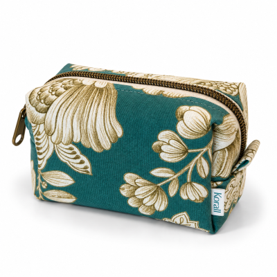 Necessaire retangular tecido com padrão floral bege e verde-azulado Korall