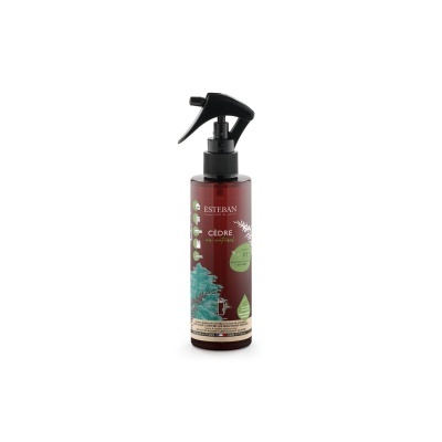 Frasco vermelho com pulverizador preto da Esteban com texto e design em azul e branco