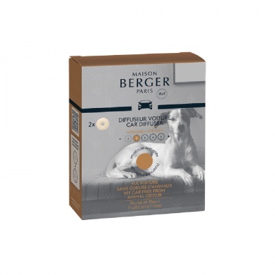 Embalagem castanha e bege de difusores para carro com imagem de um cão