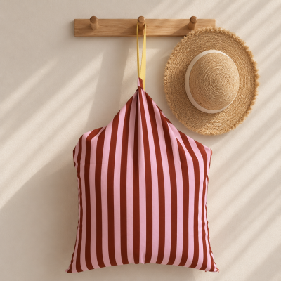 Mochila riscada castanha e rosa e chapéu de palha pendurados