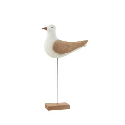 Escultura decorativa de gaivota em madeira em branco e castanho com base de madeira