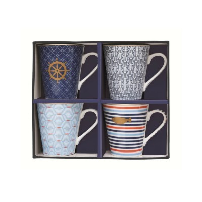 conjunto de quatro canecas de porcelana com padrões náuticos variados