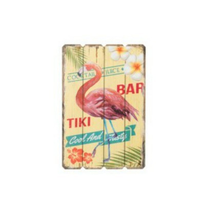 Placa decorativa Tiki Bar em madeira com flamingo rosa e texto colorido