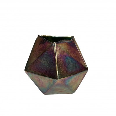 Vaso decorativo em cerâmica com acabamento iridescente multicolorido