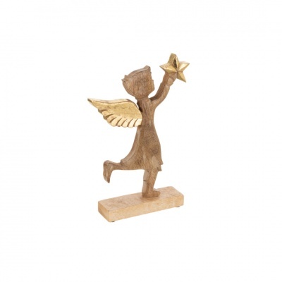 Escultura de anjo em madeira com estrela dourada na mão