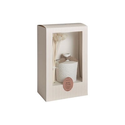 Conjunto perfumador de ambiente branco com flores secas numa caixa com riscas bege