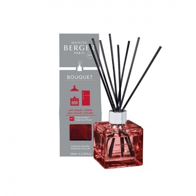 Difusor de fragrância em vidro vermelho com varetas pretas e embalagem cinza da Maison Berger Paris