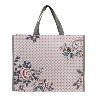 Saco de tecido reutilizável com padrão floral e alças cinza