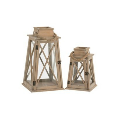 Dois candeeiros de madeira castanha com vidro e estrutura cruzada