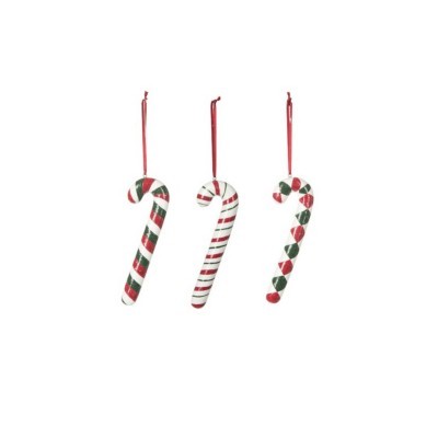 Três bengalas de Natal decorativas penduradas com fitas vermelhas em padrões vermelho, branco e verde.