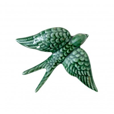 Pássaro decorativo em cerâmica verde com padrão de penas