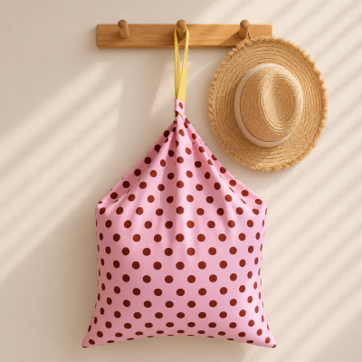 Saco rosa com bolinhas castanhas e chapéu de palha pendurados num gancho de madeira