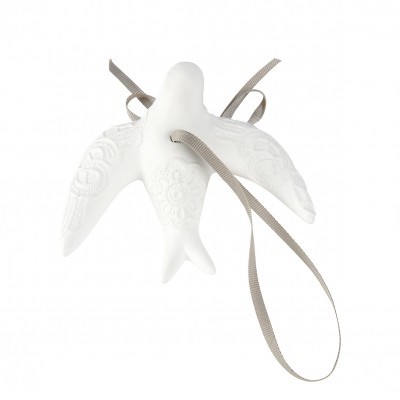 Pendente em forma de pássaro branco com fita cinzenta