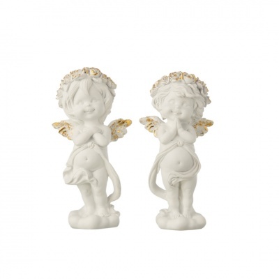 Estatuetas de anjos brancos com detalhes dourados em fundo branco