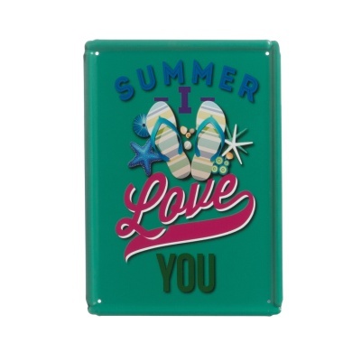 Placa decorativa verde com texto Summer I Love You e sandálias de dedo em relevo