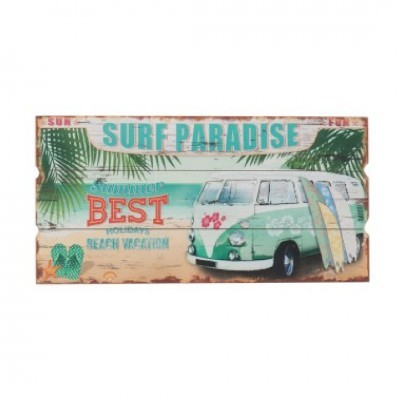Placa decorativa de madeira com carrinha vintage verde e tema surf