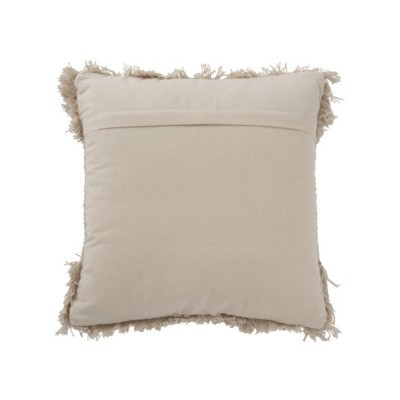Almofada quadrada bege com franjas e fecho invisível na parte traseira