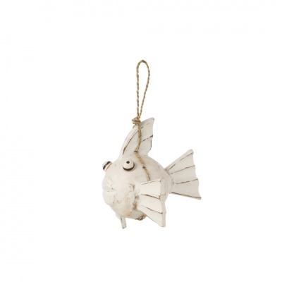 Peixe decorativo branco de madeira com corda para pendurar