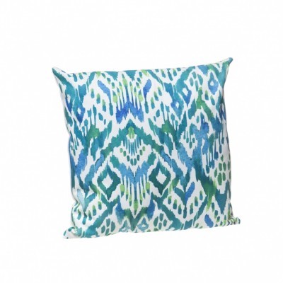 Travesseiro quadrado com padrão geométrico azul e verde