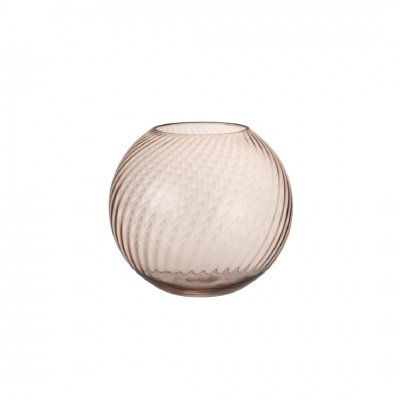 Vaso redondo de vidro cor de rosa com padrão em espiral.