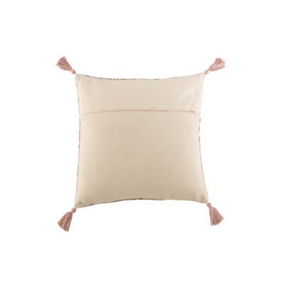 Almofada bege com tasséis cor-de-rosa nas pontas