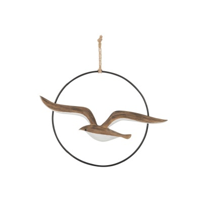 Decoração pendente de gaivota em madeira e metal com corda