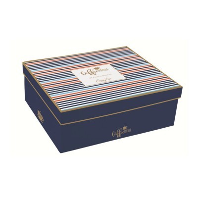 Caixa rígida com tampa às riscas e texto Coffeenschia Exclusive