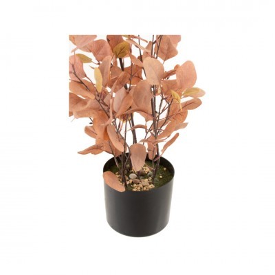 Planta artificial com folhas castanhas em vaso preto cilíndrico