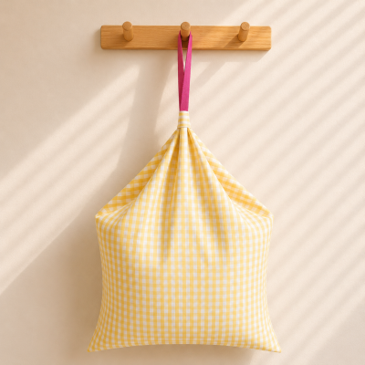 Mochila xadrez amarelo e branco com alças rosa pendurada num cabideiro de madeira