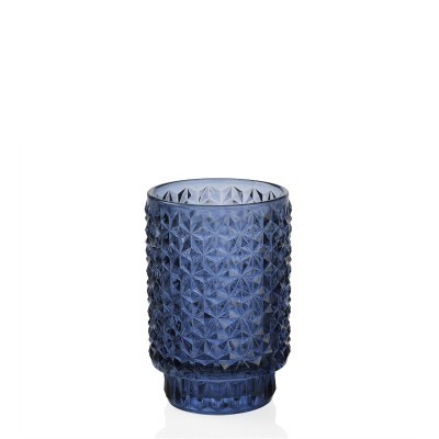 Copo alto azul em vidro com textura geométrica em relevo