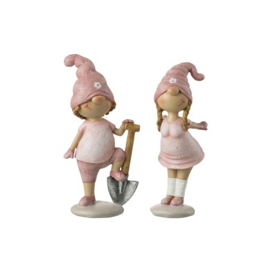 Figuras decorativas de meninas com chapéus cor-de-rosa e base branca