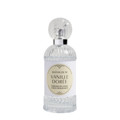 Frasco de perfume Vanille Dorée em vidro transparente com etiqueta branca