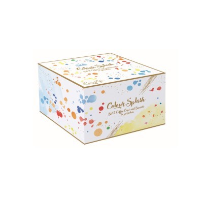 Caixa decorativa branca com manchas coloridas e texto de shampoo anti-caspa