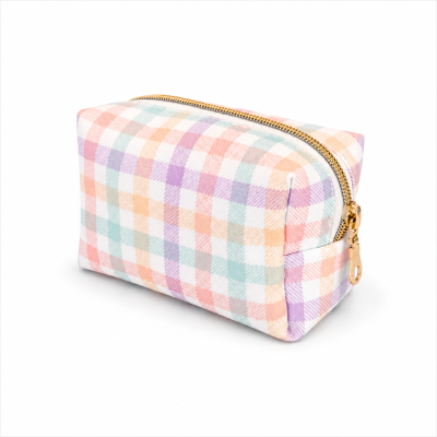 Necessaire de tecido xadrez pastel com fecho dourado