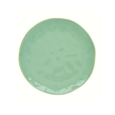 Prato redondo verde de cerâmica com acabamento brilhante.