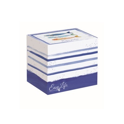 Caixa cúbica branca com riscas azuis e ilustração na tampa