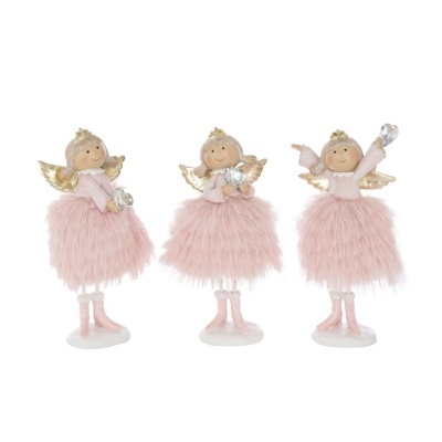 Três figuras decorativas de anjos com saias felpudas cor-de-rosa e asas douradas