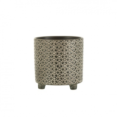 Vaso de cerâmica cinzento com padrão texturizado em relevo e três pés pequenos