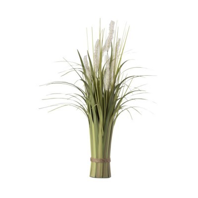 Arranjo artificial de plantas verdes com flores brancas e base amarrada