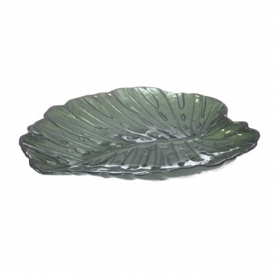 Prato decorativo em vidro verde com formato de folha