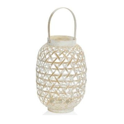 Lanterna de bambu e vidro clara com entrelaçado e cabo para transporte