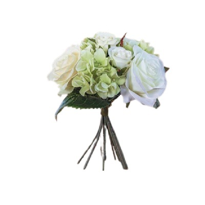 Bouquet artificial de flores brancas e creme com folhas verdes