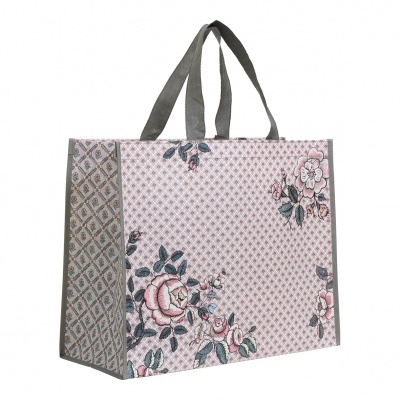 Saco reutilizável com padrão floral cinza e rosa