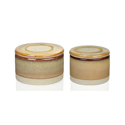 Duas caixas redondas de cerâmica com tampas, bege e marrom