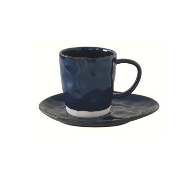 Conjunto de chávena e pires em cerâmica azul escura com padrão ondulado