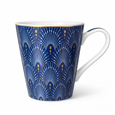 Caneca cerâmica azul escuro com padrão branco e dourado e interior branco