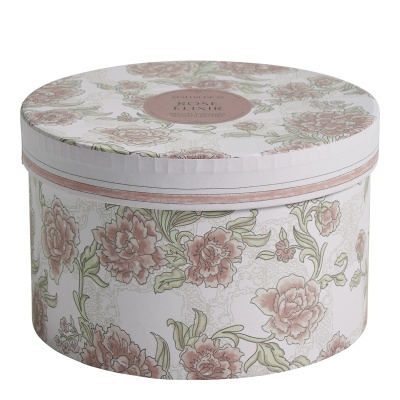 Caixa redonda decorativa com padrão floral rosa e verde