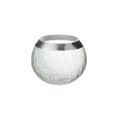 Vaso redondo de vidro transparente com textura rachada e borda prateada.